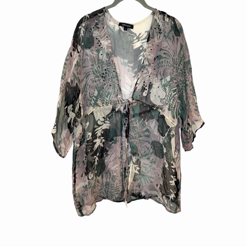 Karen Kane Tie Front Kimono Purple Black 100% Silk Studded Embellished Top L